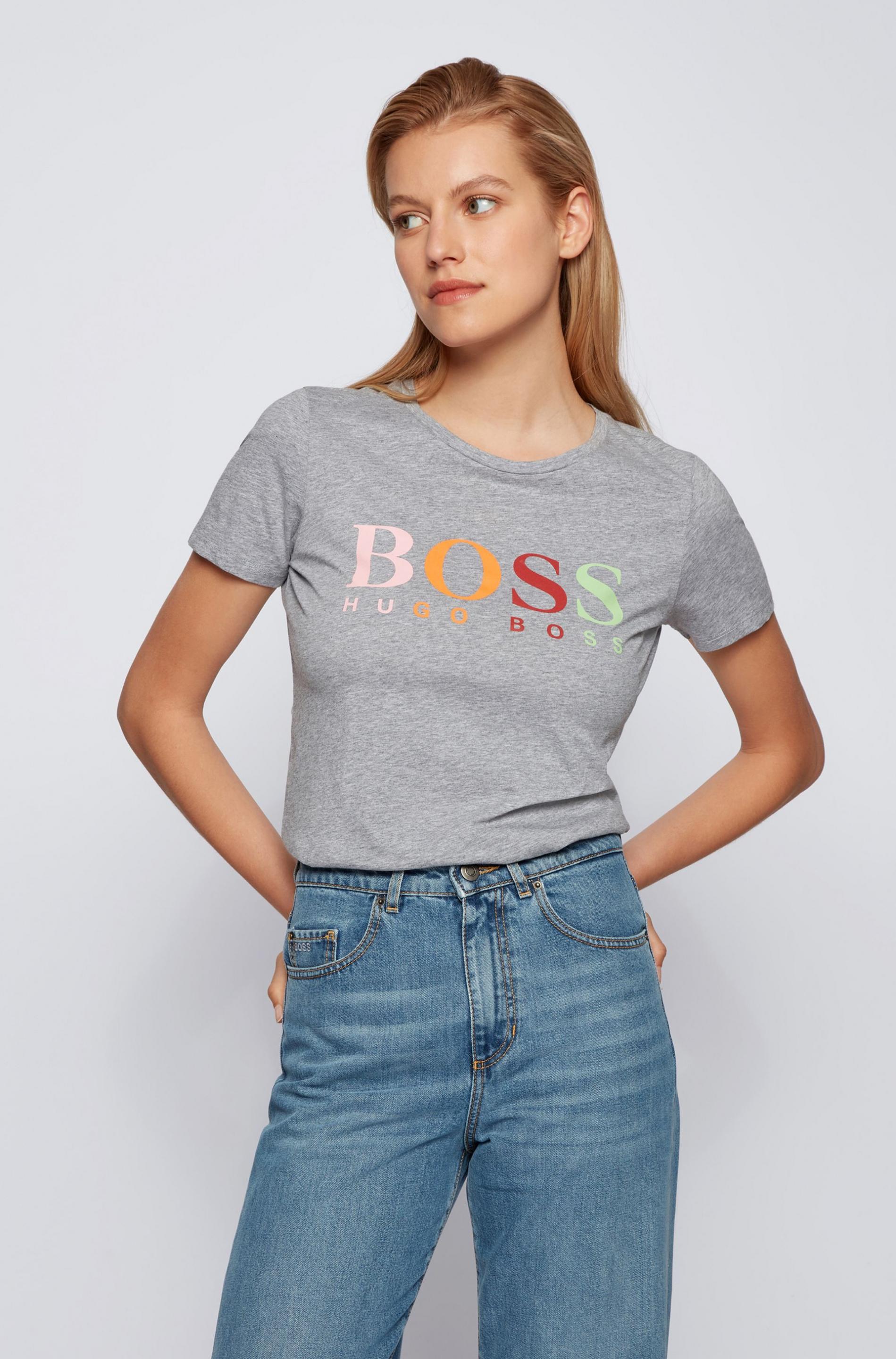Femme Tops Tops HUGO T-shirt Slim Fit en coton biologique à rayures avec message Coton HUGO en coloris Noir 